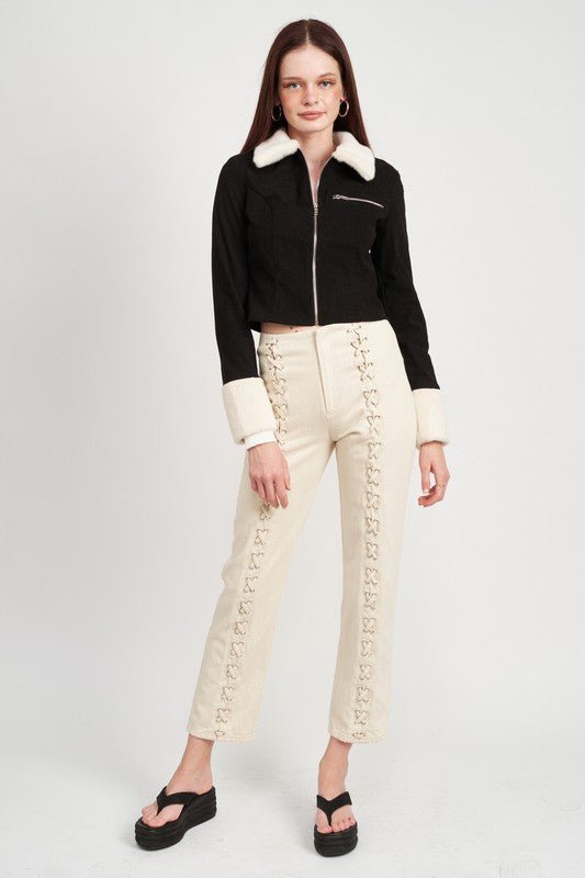 CONTRASTED COLLAR AND CUFF CROP JACKET - Guy Christopher