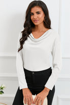 Cowl Neck Dropped Shoulder Long Sleeve Back Tie Blouse - Guy Christopher