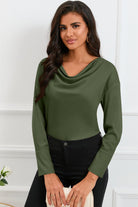 Cowl Neck Dropped Shoulder Long Sleeve Back Tie Blouse - Guy Christopher