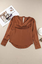 Cowl Neck Dropped Shoulder Long Sleeve Back Tie Blouse - Guy Christopher