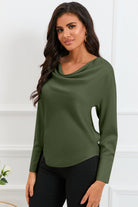 Cowl Neck Dropped Shoulder Long Sleeve Back Tie Blouse - Guy Christopher