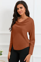 Cowl Neck Dropped Shoulder Long Sleeve Back Tie Blouse - Guy Christopher