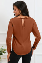 Cowl Neck Dropped Shoulder Long Sleeve Back Tie Blouse - Guy Christopher