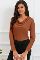 Cowl Neck Dropped Shoulder Long Sleeve Back Tie Blouse - Guy Christopher