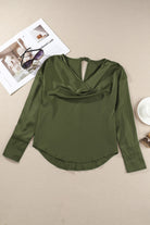 Cowl Neck Dropped Shoulder Long Sleeve Back Tie Blouse - Guy Christopher