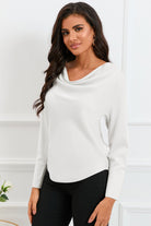 Cowl Neck Dropped Shoulder Long Sleeve Back Tie Blouse - Guy Christopher