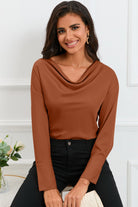 Cowl Neck Dropped Shoulder Long Sleeve Back Tie Blouse - Guy Christopher