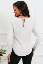 Cowl Neck Dropped Shoulder Long Sleeve Back Tie Blouse - Guy Christopher