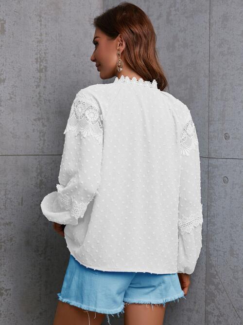 Crochet Tassel Tie Neck Long Sleeve Blouse - Guy Christopher