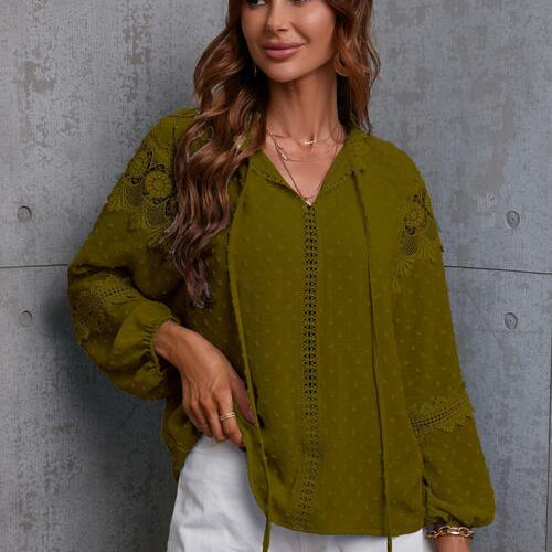 Crochet Tassel Tie Neck Long Sleeve Blouse - Guy Christopher