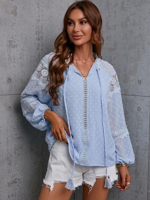 Crochet Tassel Tie Neck Long Sleeve Blouse - Guy Christopher