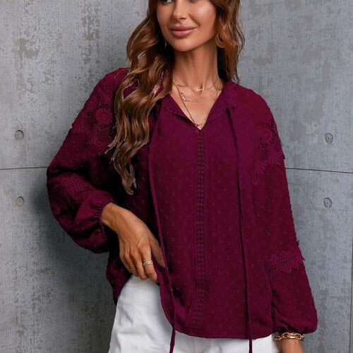 Crochet Tassel Tie Neck Long Sleeve Blouse - Guy Christopher