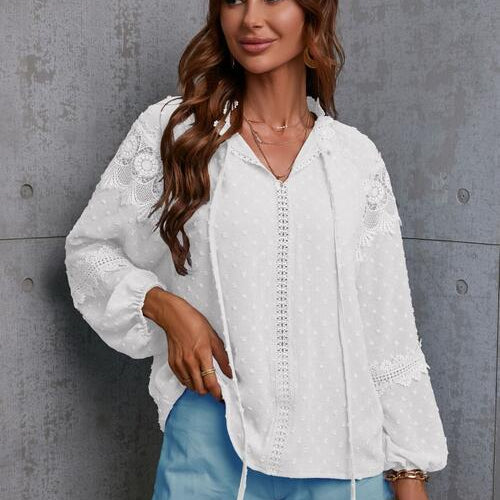 Crochet Tassel Tie Neck Long Sleeve Blouse - Guy Christopher