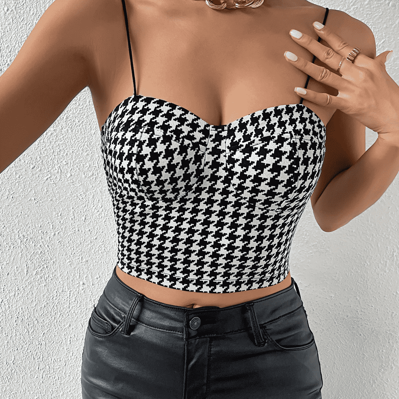 Cropped Sweetheart Neck Houndstooth Pattern Cami - Guy Christopher