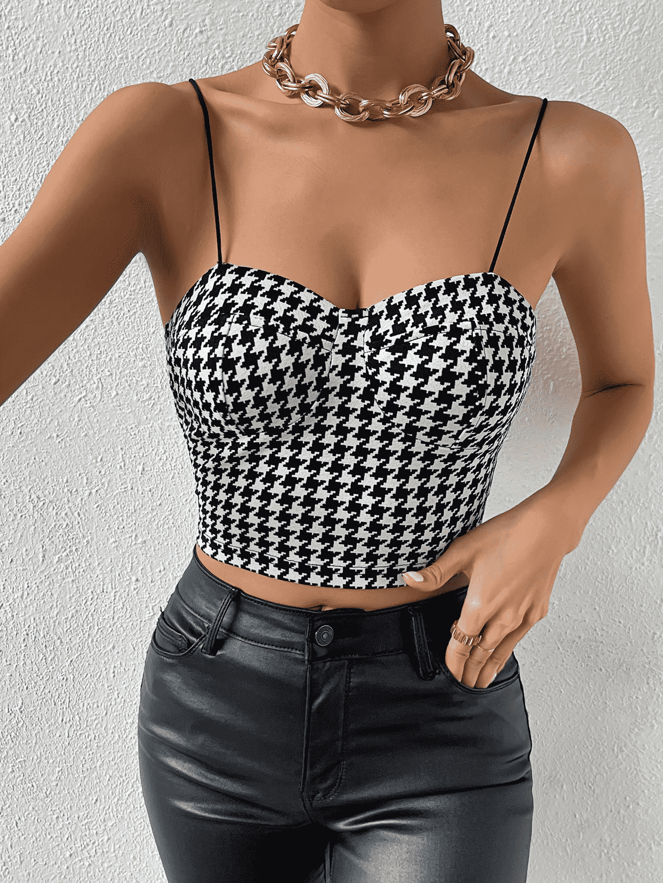 Cropped Sweetheart Neck Houndstooth Pattern Cami - Guy Christopher