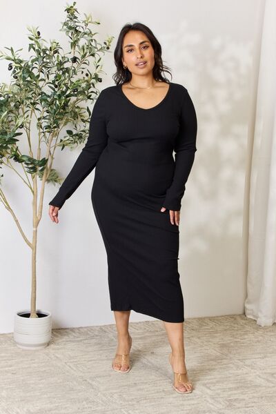 Culture Code Full Size Ribbed Long Sleeve Midi Slit Dress - Guy Christopher