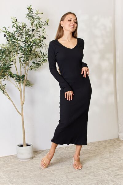 Culture Code Full Size Ribbed Long Sleeve Midi Slit Dress - Guy Christopher