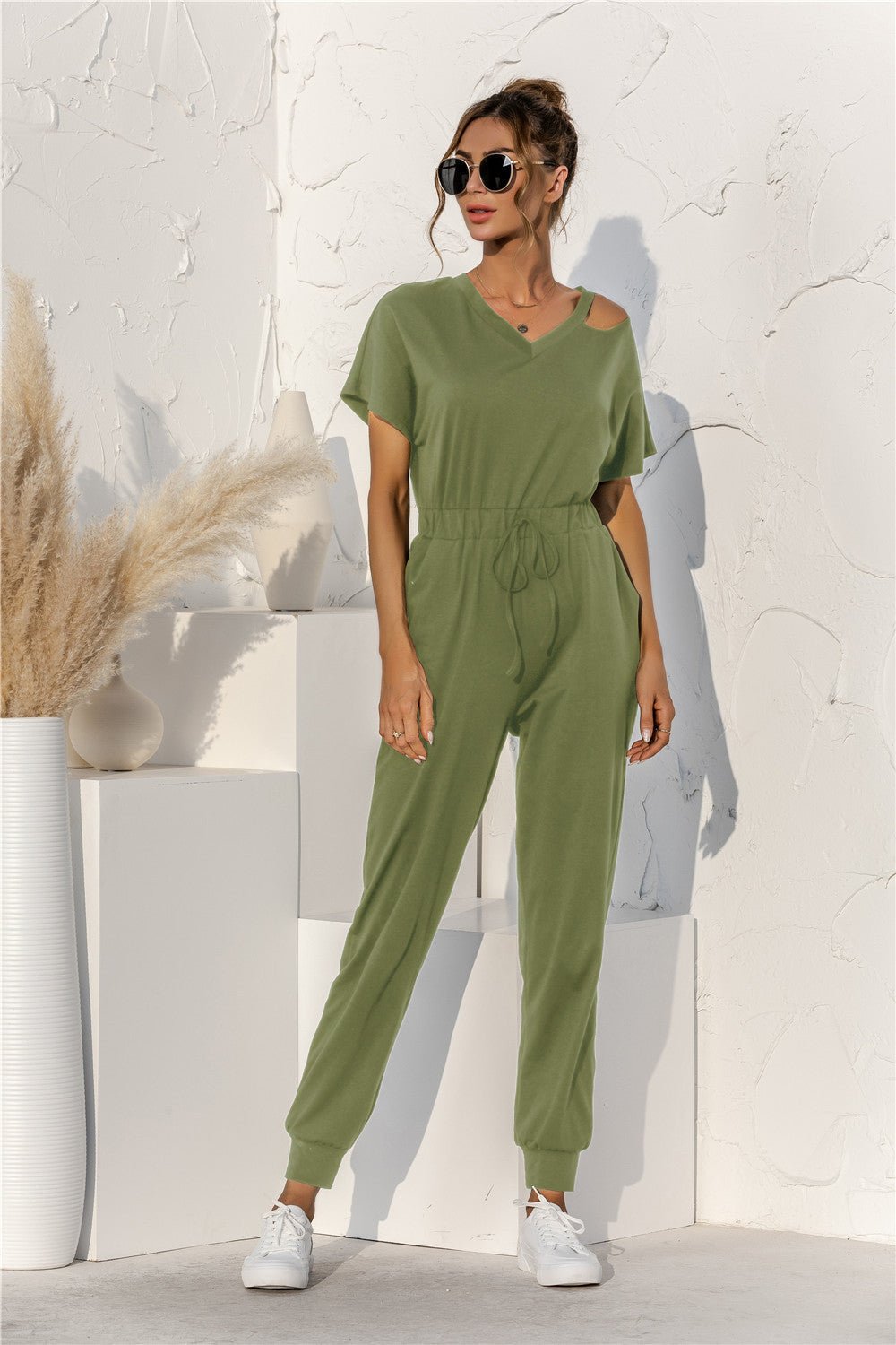 Cut Out V-neck Drawstring Jumpsuit - Guy Christopher