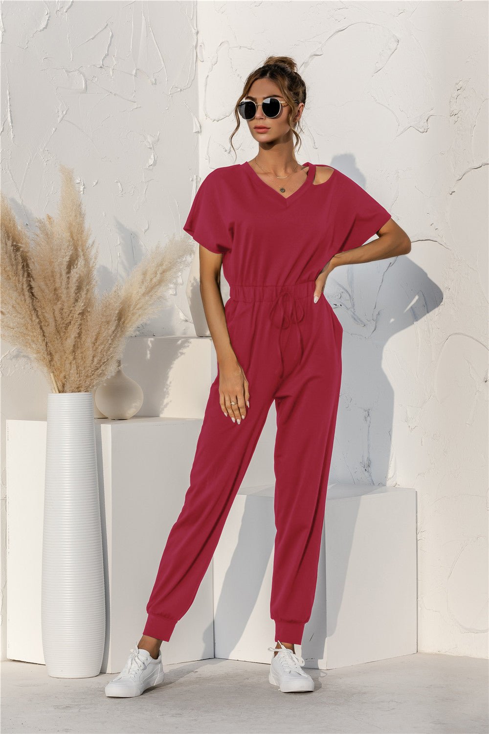 Cut Out V-neck Drawstring Jumpsuit - Guy Christopher