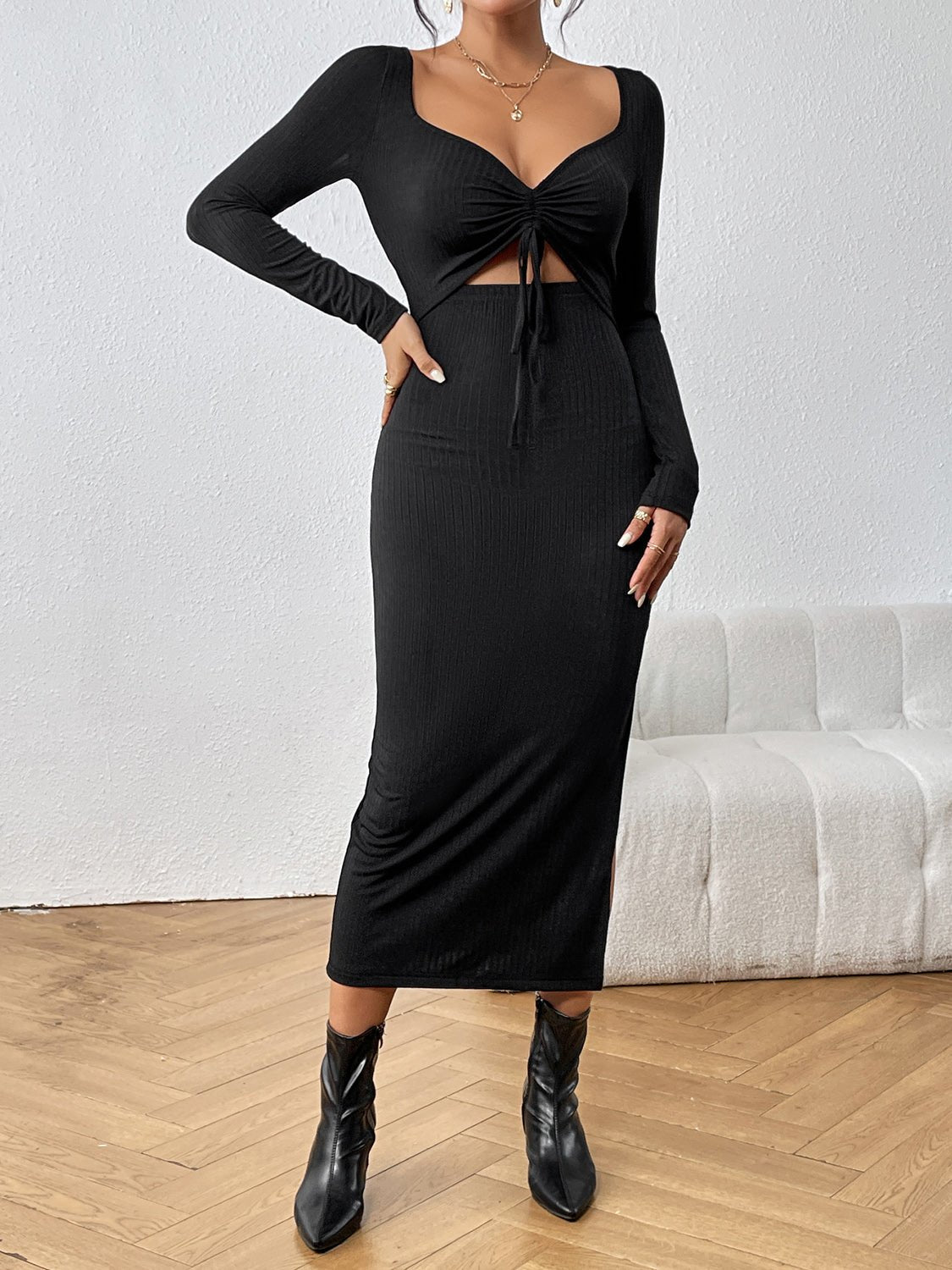 Cutout Drawstring Slit Dress - Guy Christopher