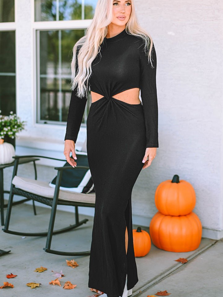 Cutout Round Neck Long Sleeve Slit Maxi Dress - Guy Christopher