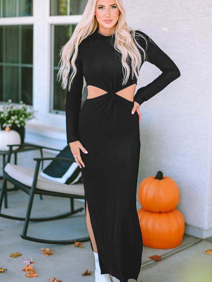 Cutout Round Neck Long Sleeve Slit Maxi Dress - Guy Christopher