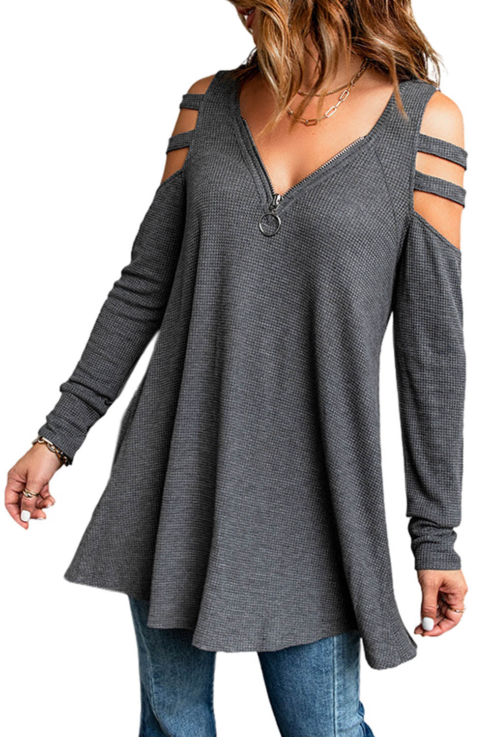 Cutout Waffle Knit Tunic Top - Guy Christopher