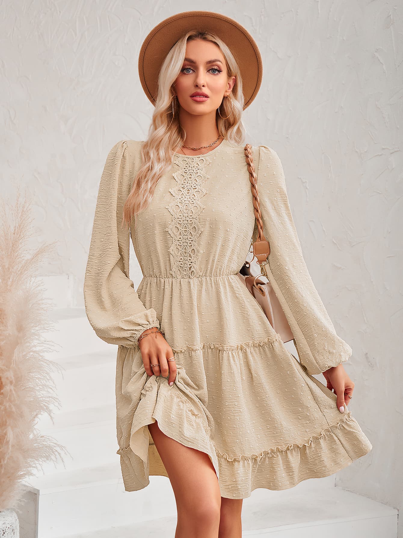 Swiss Dot Lace Trim Balloon Sleeve Dress - Guy Christopher 