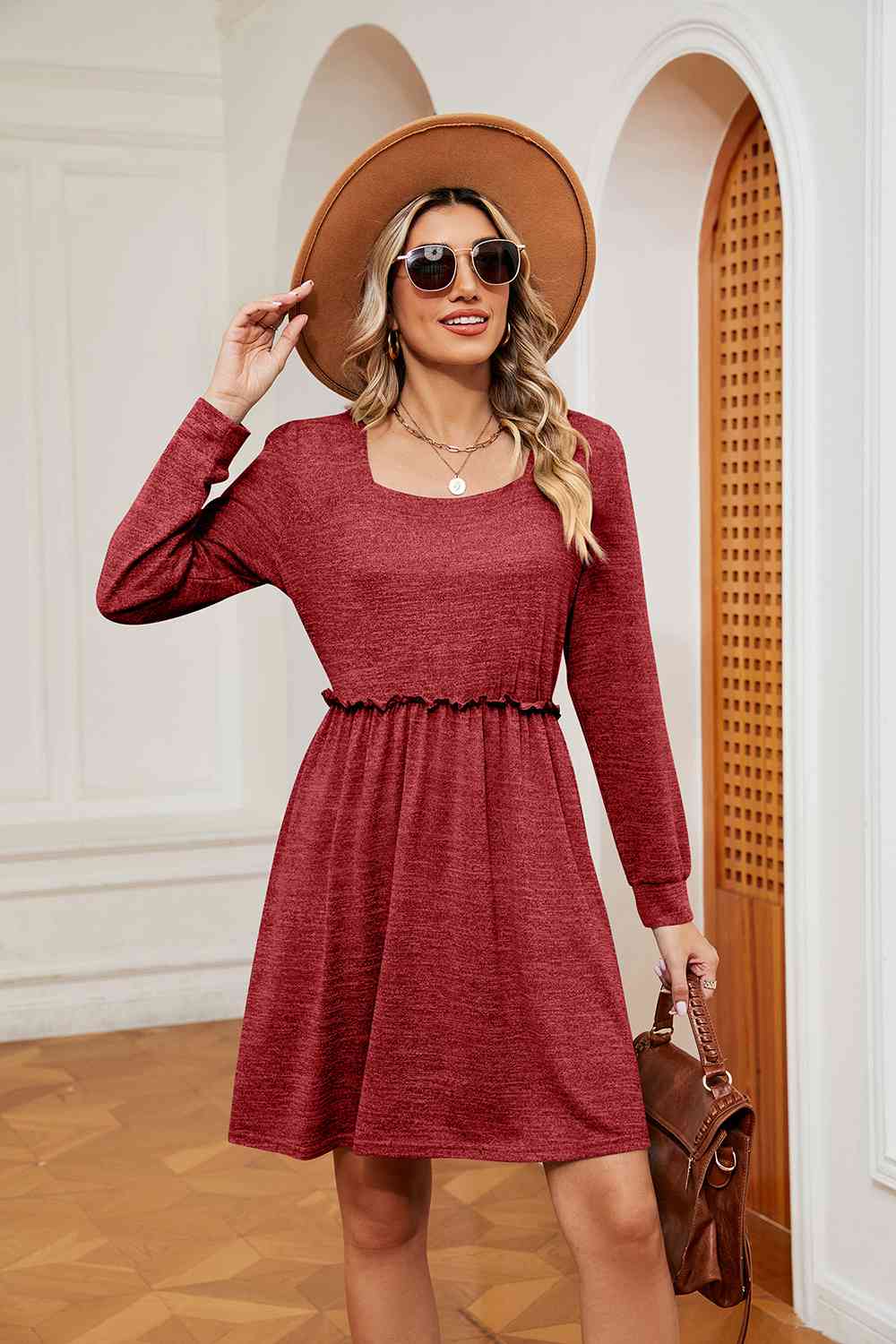 Square Neck Long Sleeve Dress - Guy Christopher 