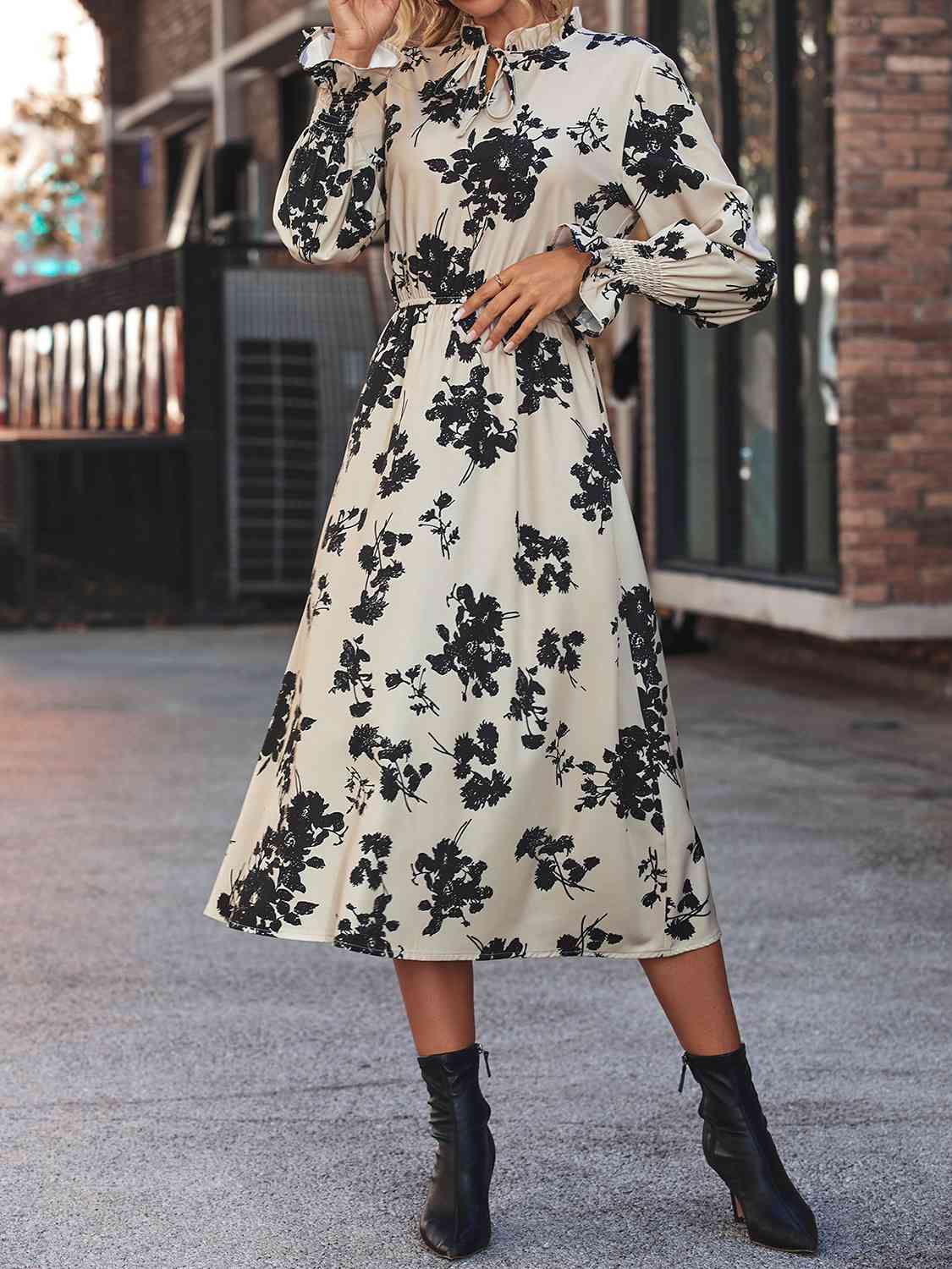 Tie Neck Flounce Sleeve Dress - Guy Christopher 