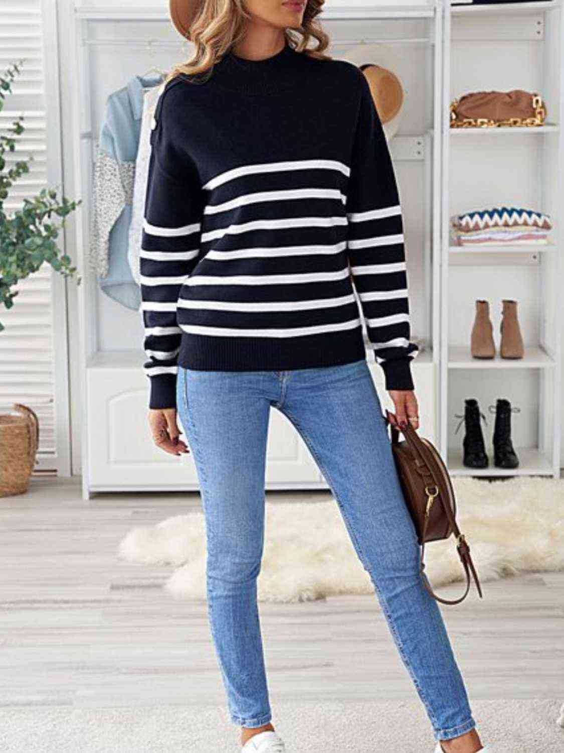 Striped Shoulder Detail Sweater - Guy Christopher 