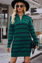 Striped Quarter-Zip Collared Sweater Dress - Guy Christopher 