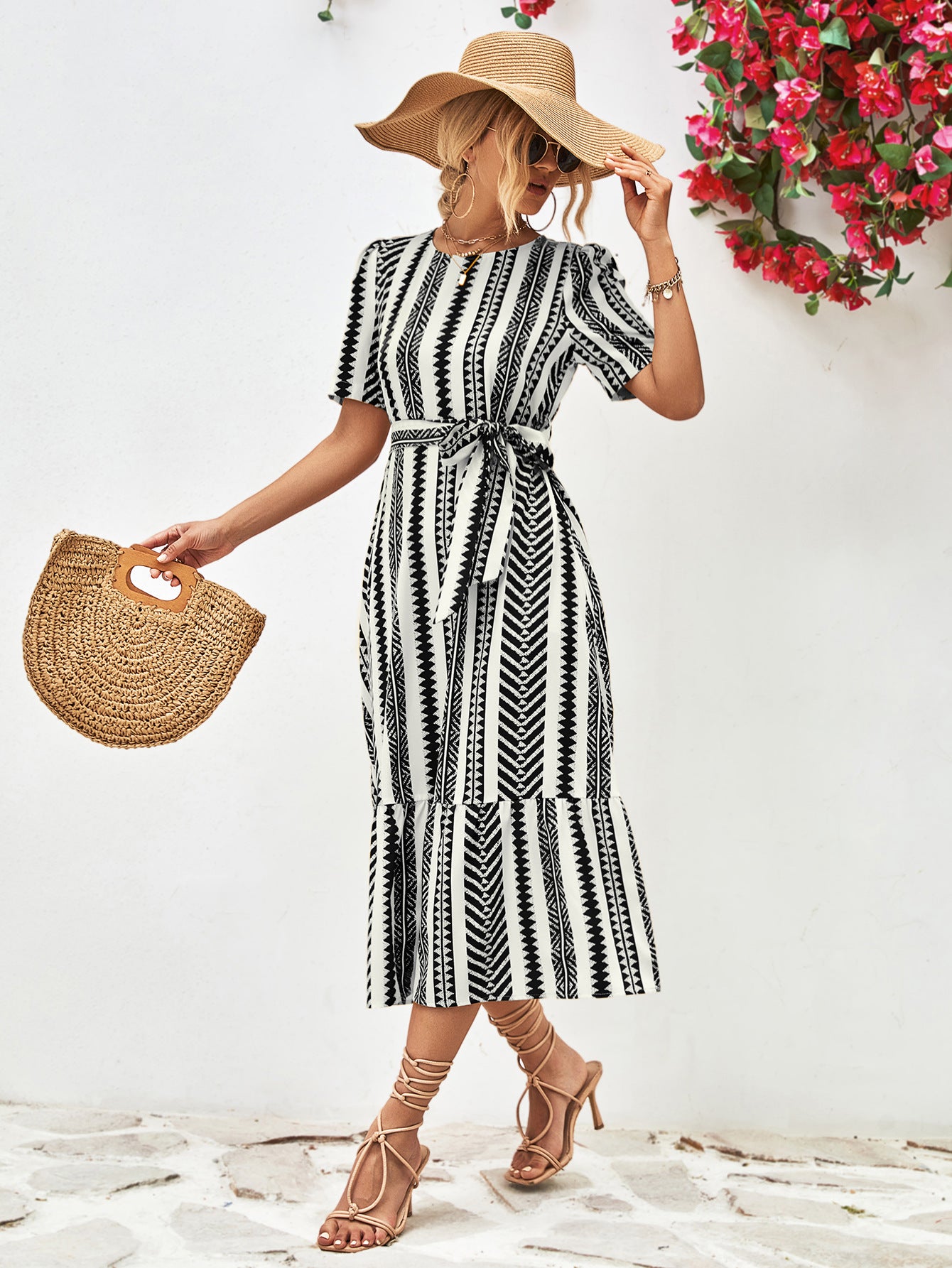 Striped Tie Belt Round Neck Puff Sleeve Dress - Guy Christopher 