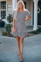 Striped Tie-Waist Frill Trim V-Neck Dress - Guy Christopher 