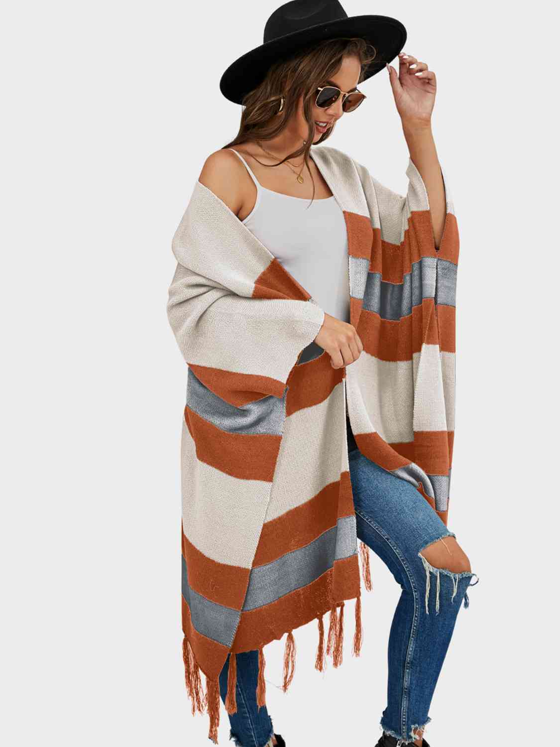 Striped Open Front Fringe Cardigan - Guy Christopher 