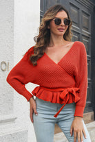 Tie Waist Ruffle Hem Sweater - Guy Christopher 