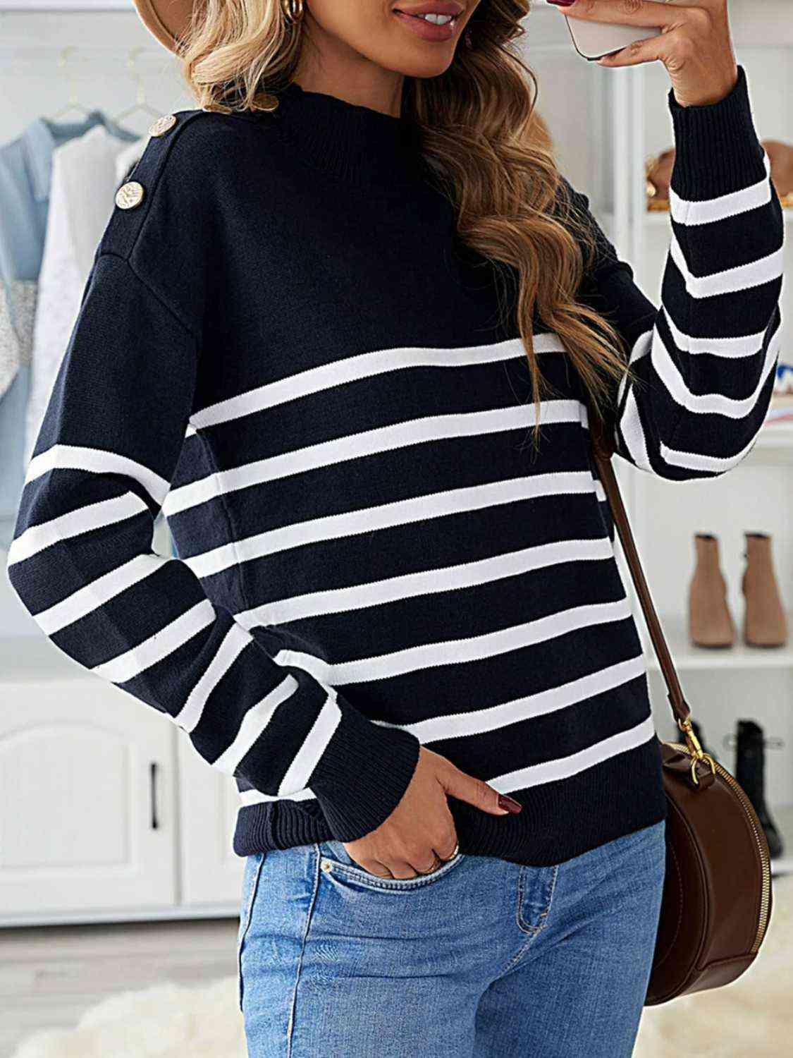 Striped Shoulder Detail Sweater - Guy Christopher 