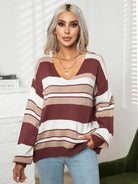 Striped V-Neck Long Sleeve Knit Top - Guy Christopher 