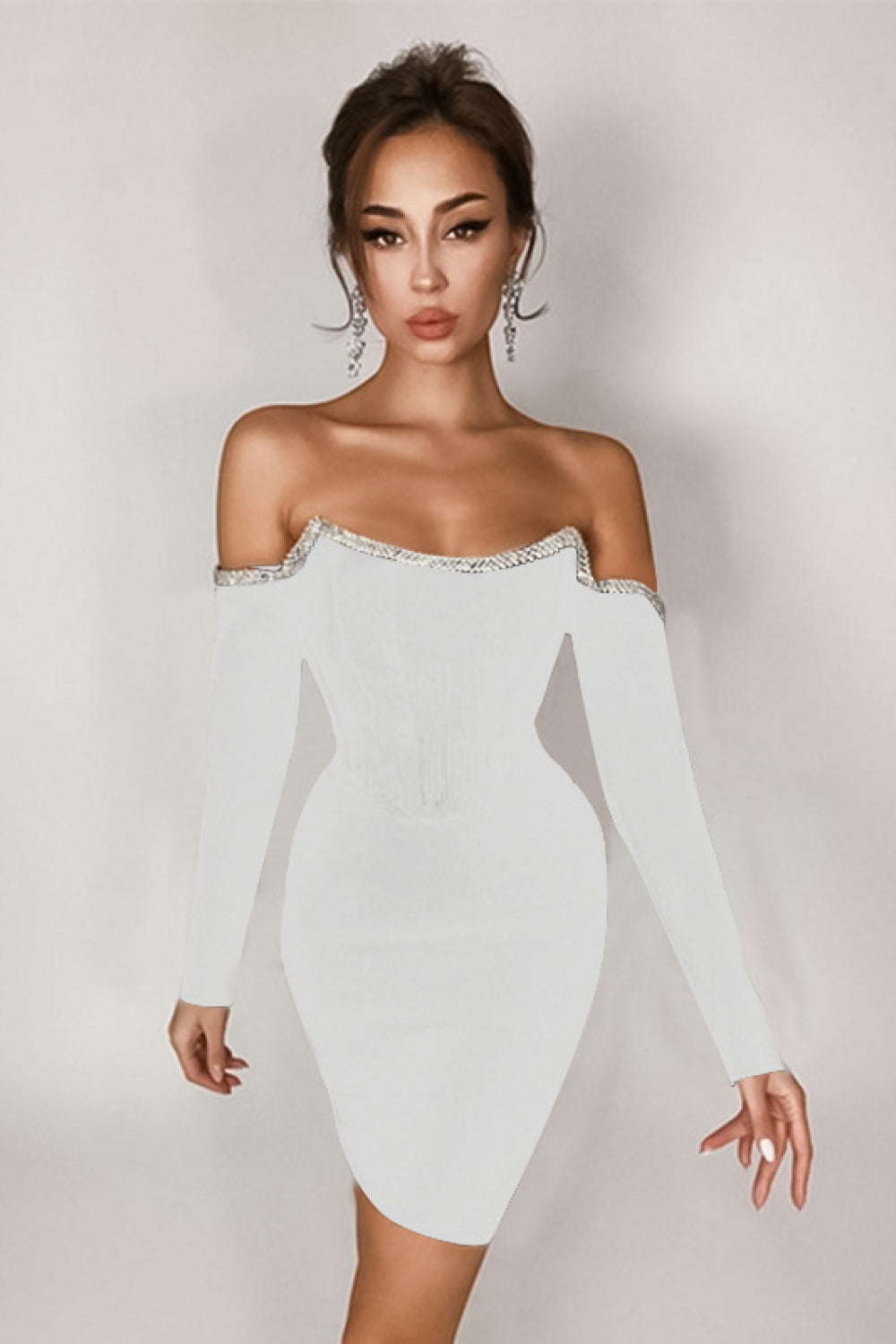 Rhinestone Trim Off-Shoulder Bandage Dress - Guy Christopher 