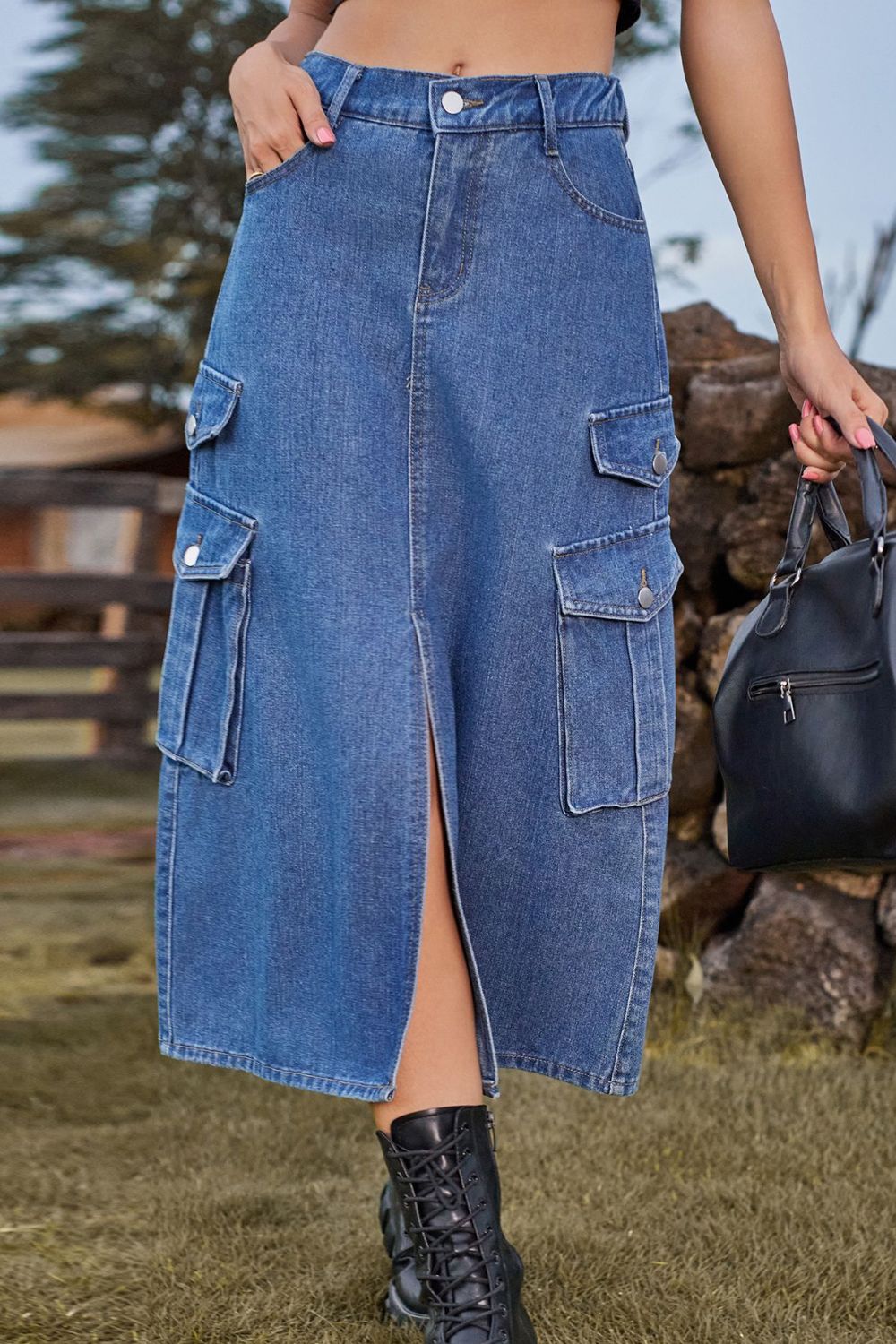 Slit Front Midi Denim Skirt with Pockets - Guy Christopher 