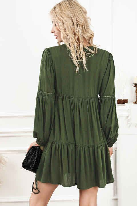 Tie Neck Long Sleeve Tiered Dress - Guy Christopher 