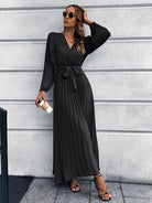 V-Neck Tie Waist Pleated Maxi Dress - Guy Christopher 