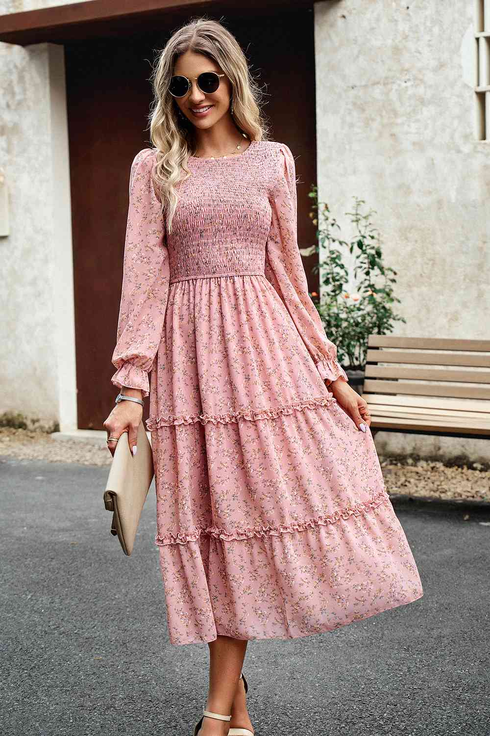 Smocked Flounce Sleeve Midi Dress - Guy Christopher 