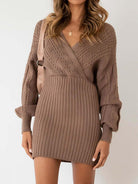 Surplice Neck Long Sleeve Sweater Dress - Guy Christopher 