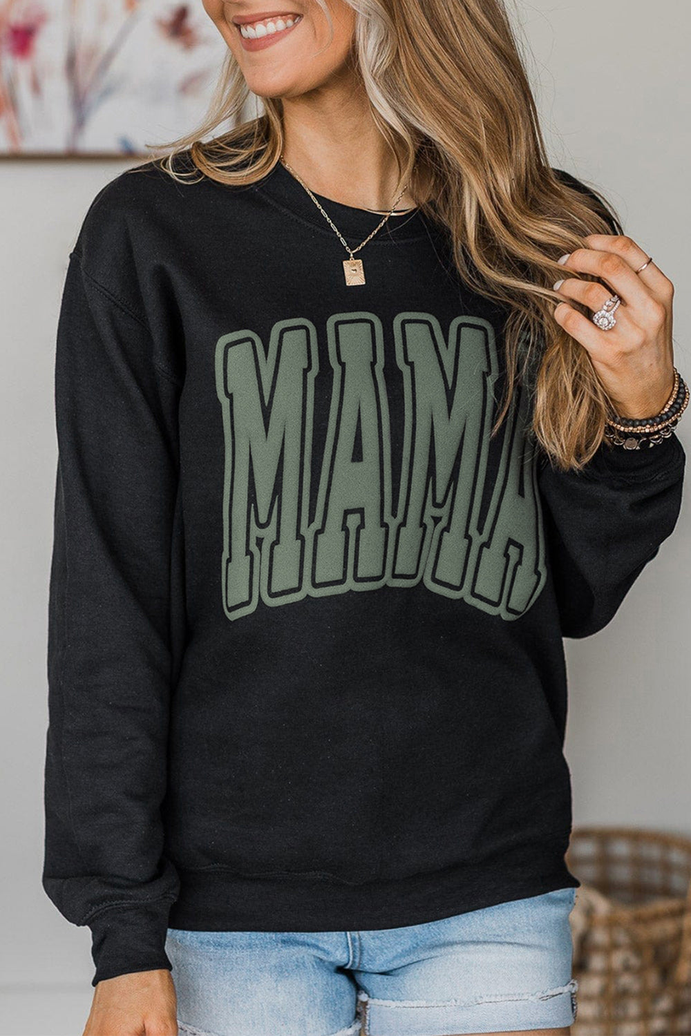 Round Neck Long Sleeve MAMA Graphic Sweatshirt - Guy Christopher 