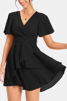 Surplice Neck Flutter Sleeve Dress - Guy Christopher 