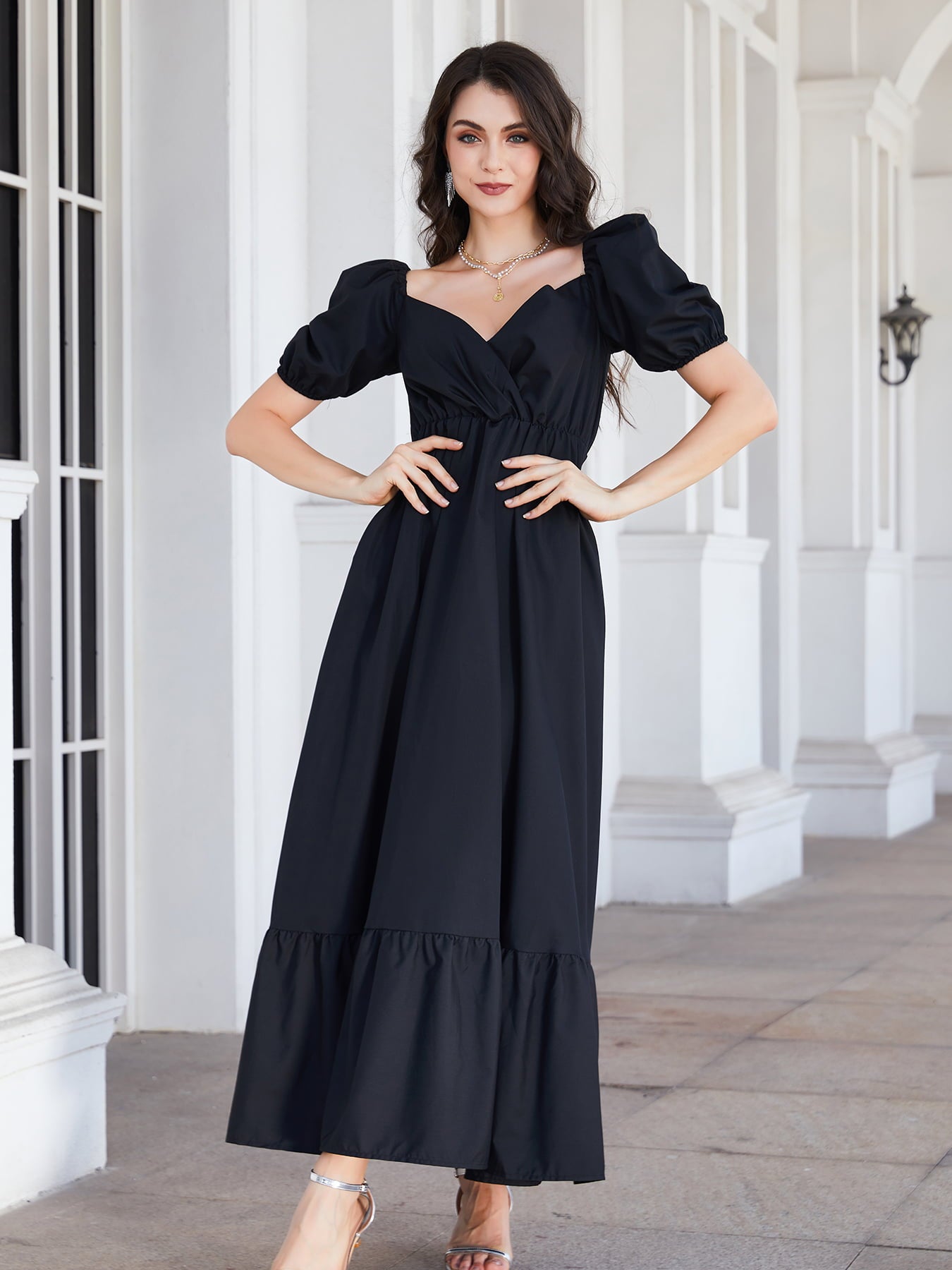 Surplice Neck Ruffle Hem Balloon Sleeve Maxi Dress - Guy Christopher 