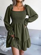 Smocked Flounce Sleeve Square Neck Dress - Guy Christopher 