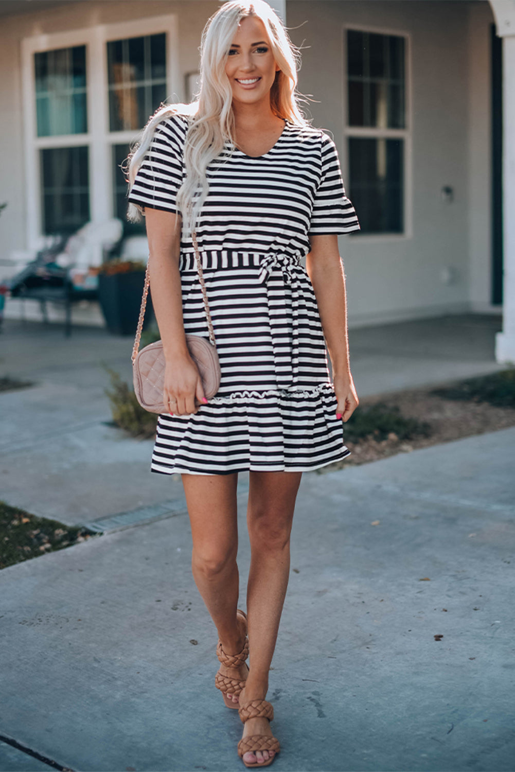 Striped Tie-Waist Frill Trim V-Neck Dress - Guy Christopher 