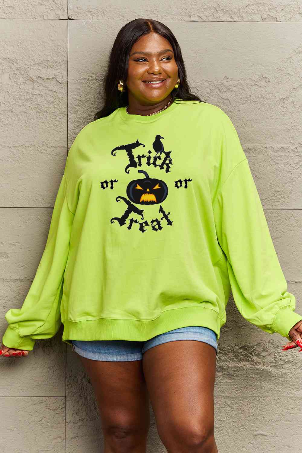 Simply Love Full Size TRICK OR TREAT Graphic Sweatshirt - Guy Christopher 